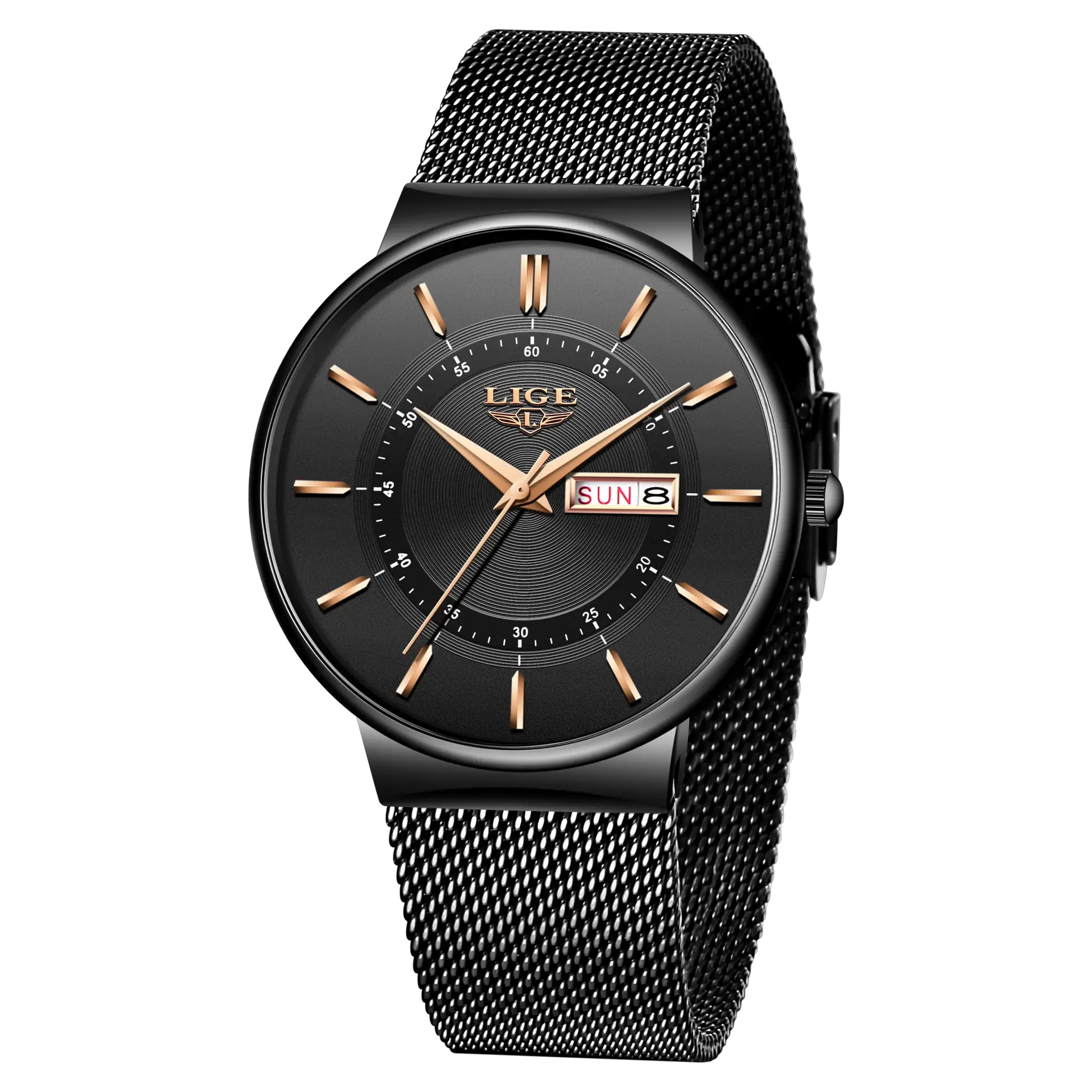 LIGE men's watch with black dial, gold-tone hands, and date display on a black mesh strap
