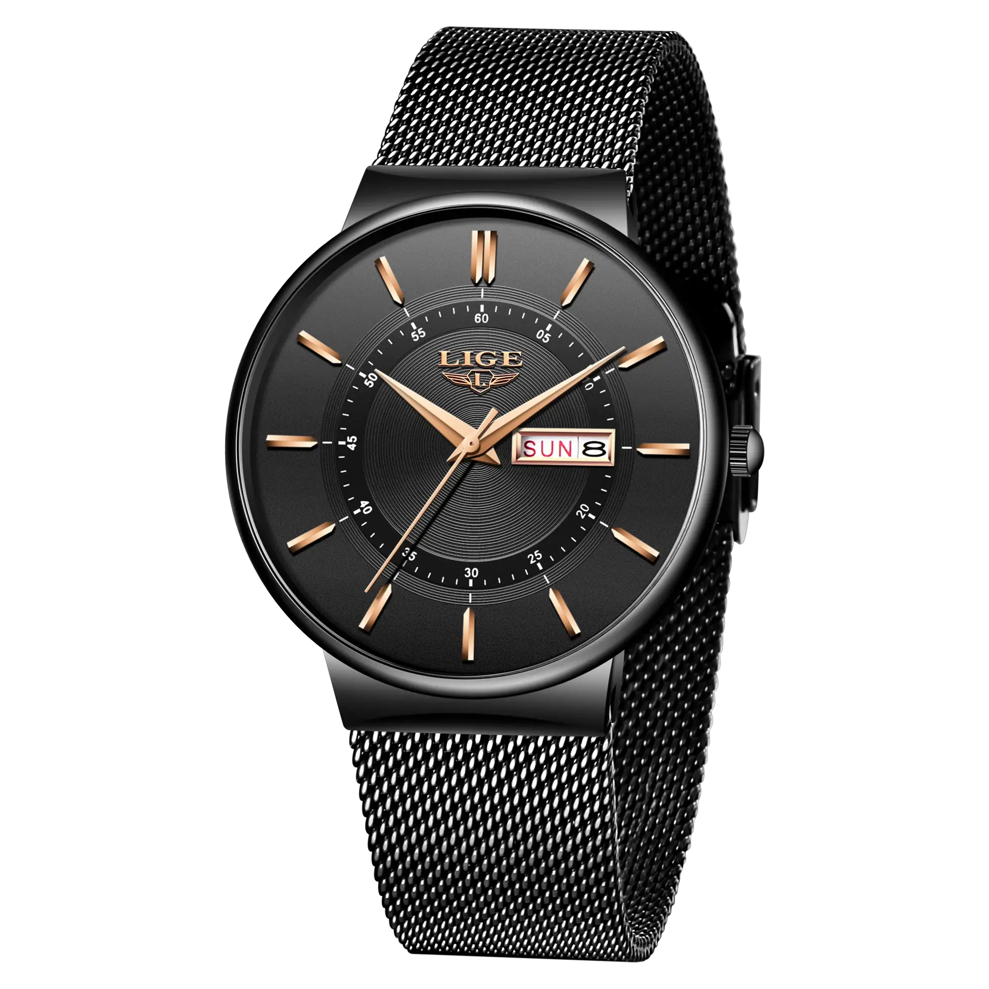 LIGE men's watch with black dial, gold-tone hands, and date display on a black mesh strap