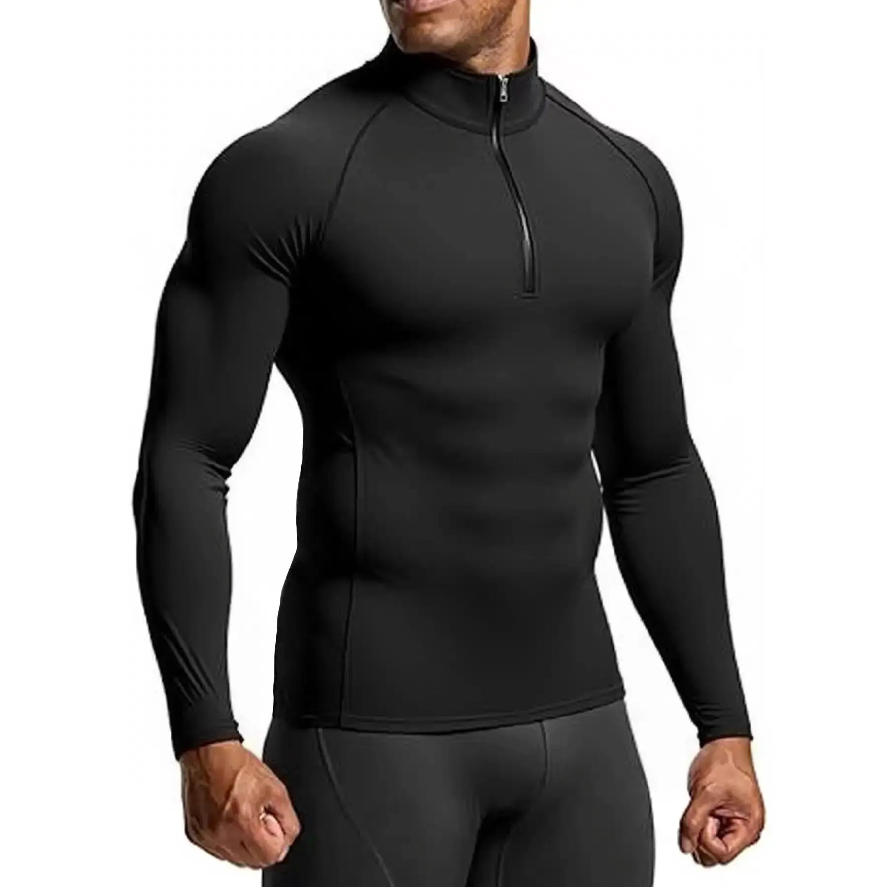Men's black long-sleeve compression athletic shirt with zip neck by Simples Market