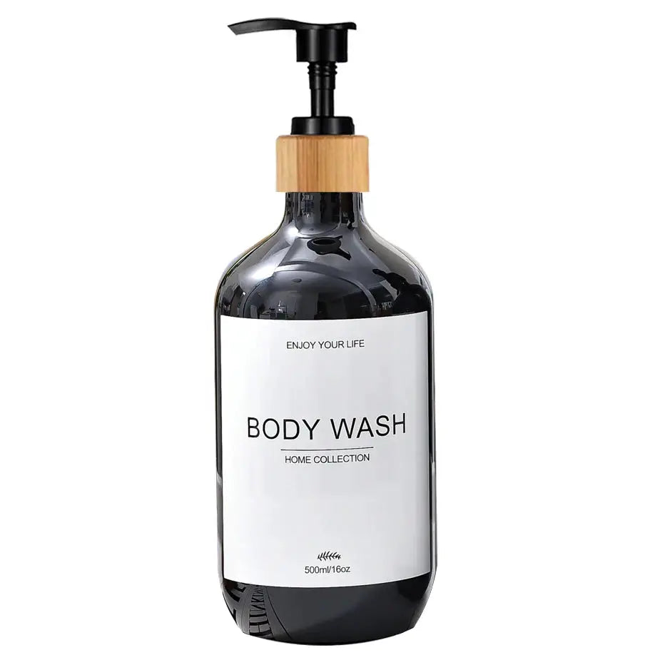 500ml body wash dispenser bottle with pump, dark glass bottle with wooden collar