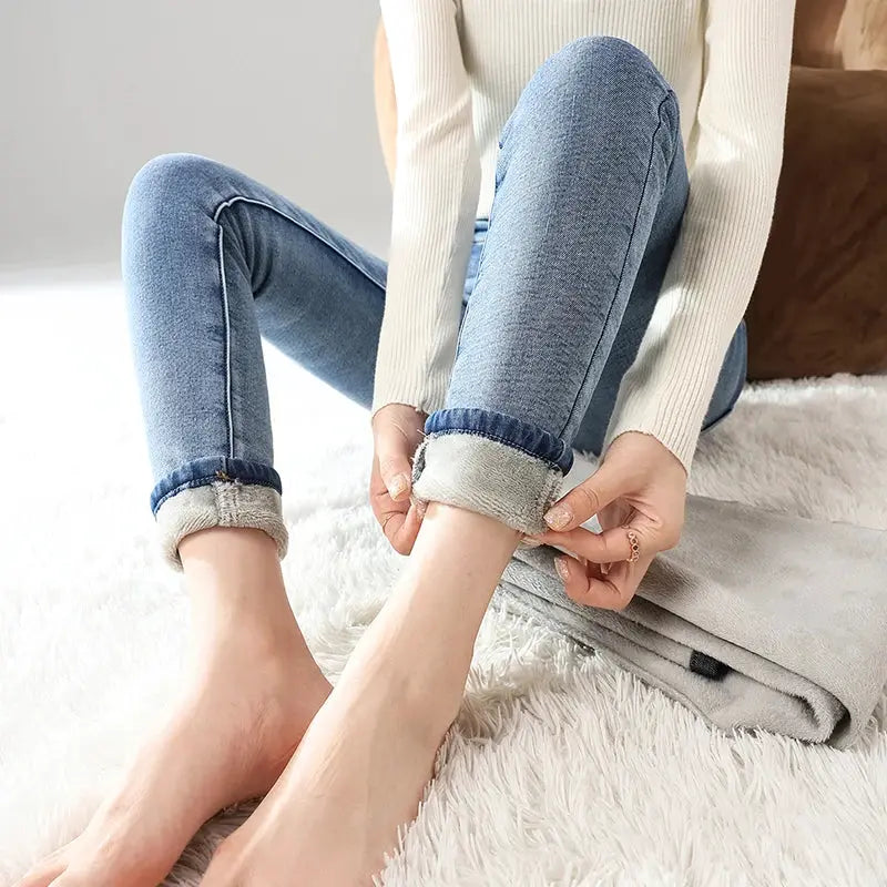 Women Thermal Jeans Fleece Lined Warm Stretch Slim Fit Pants Korean