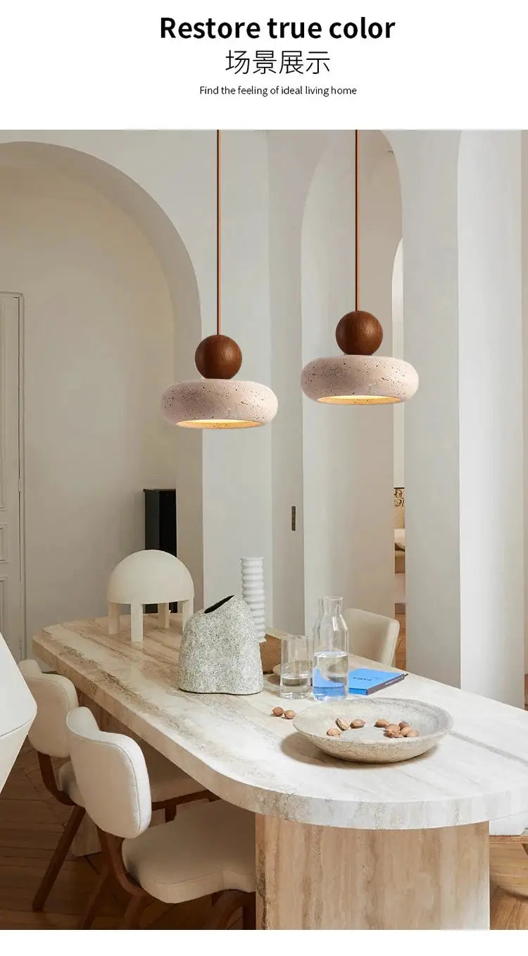 Two vintage pendant lights with natural yellow agate stone discs and wooden tops, Simples Market.