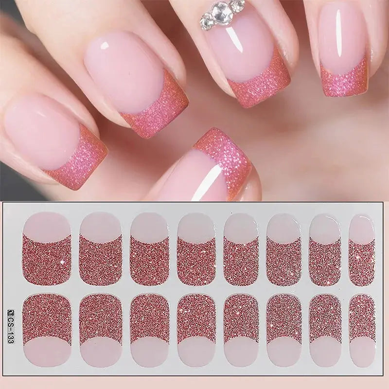 Full Cover Nail Stickers by Simples Market with pink glitter gradient tips