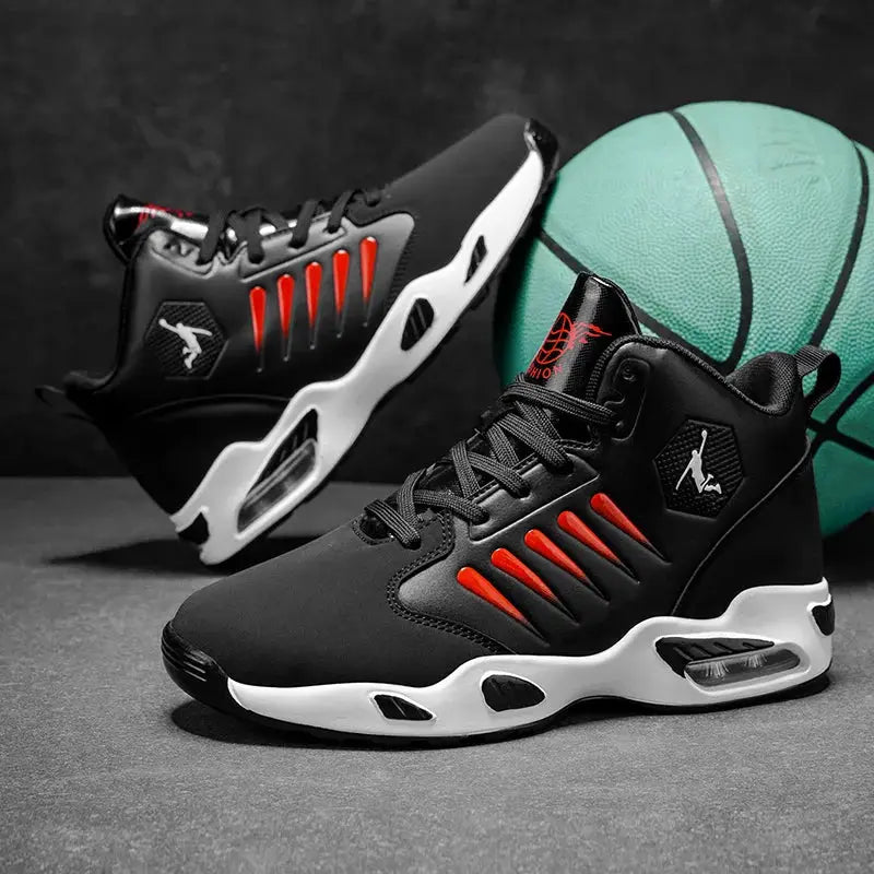 Pair of men's black high-top basketball shoes with red side accents and white midsole