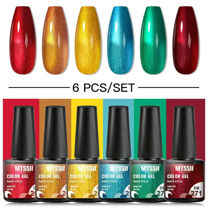 Gel nail polish set by Simples Market, 6-color glitter shades in red, gold, yellow, blue, teal and maroon bottles
