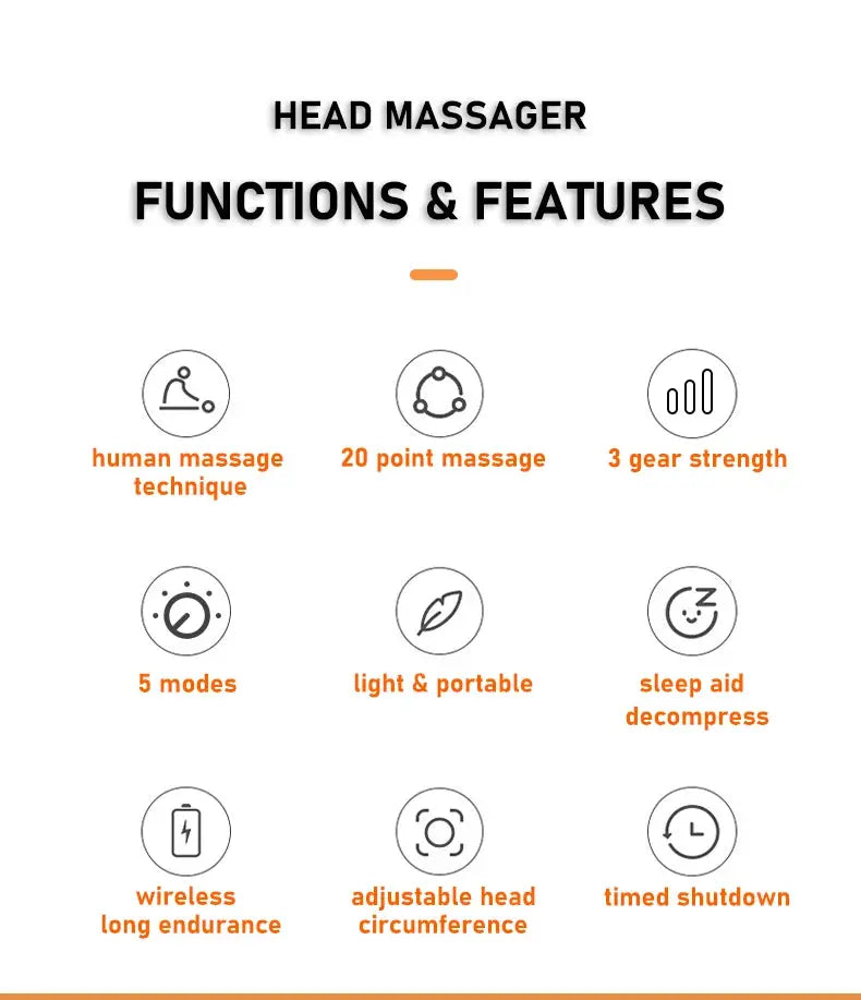Head massager by Simples Market with orange accents and feature icons