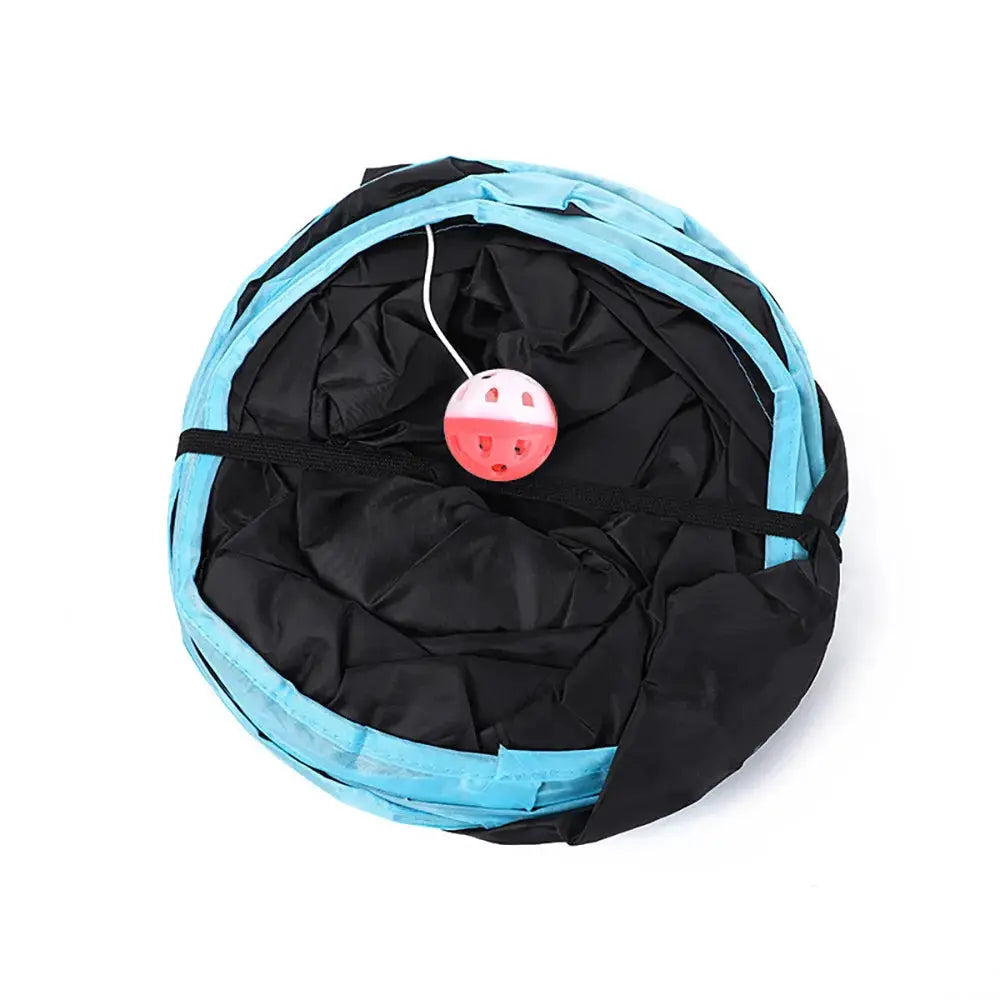 Foldable cat tunnel by Simples Market, blue exterior with black interior, includes pink ball.