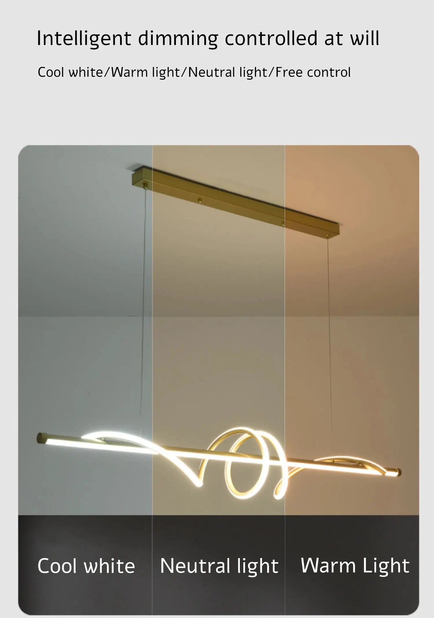 Modern LED pendant light with a gold bar and looping neon tube; shows cool, neutral and warm light options