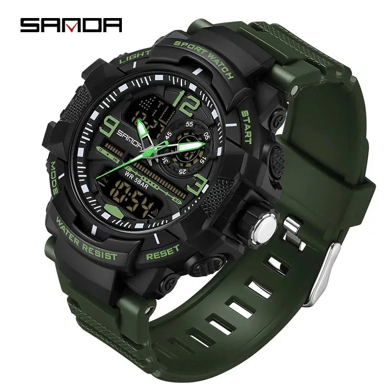 SANDA 6130 dual-display men's sport watch, black with green accents, rubber strap