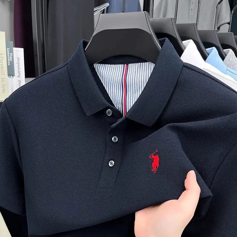 Men's navy polo shirt with red pony embroidery, 100% cotton, Simples Market