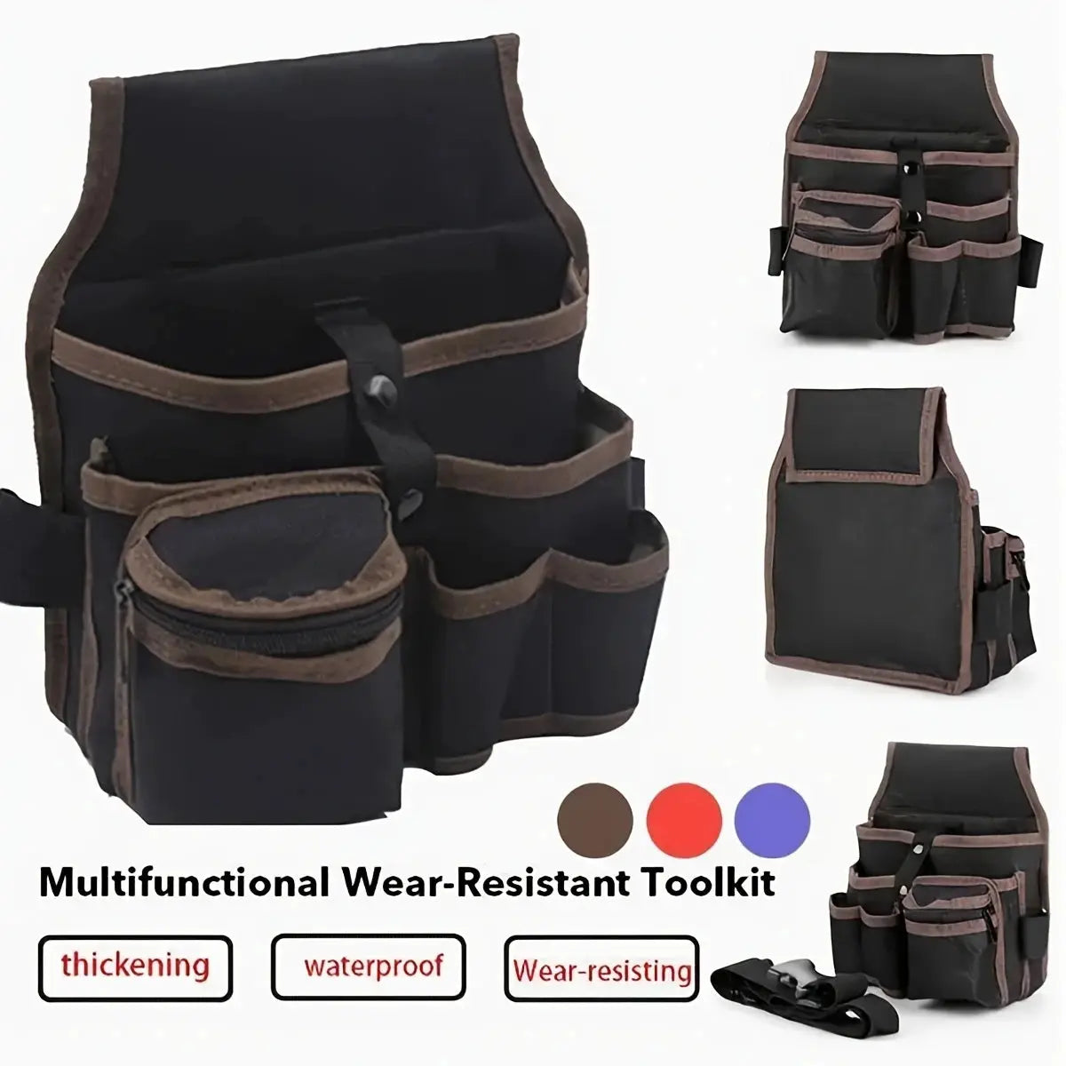 Black tool bag waist pack with brown trim and multiple pockets; durable and water-resistant.