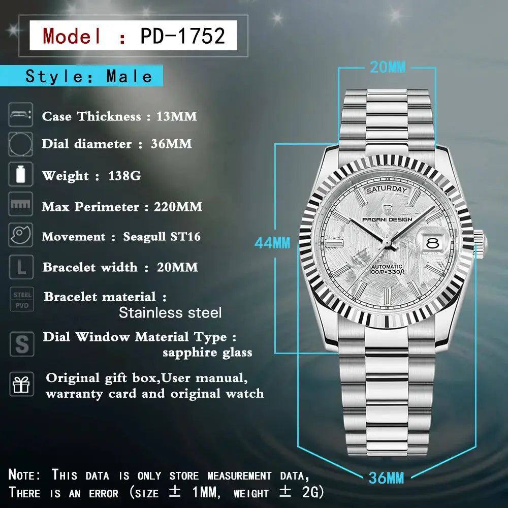 Pagani Design DD36 automatic men’s watch with stainless steel bracelet, 36mm dial, sapphire glass, double calendar
