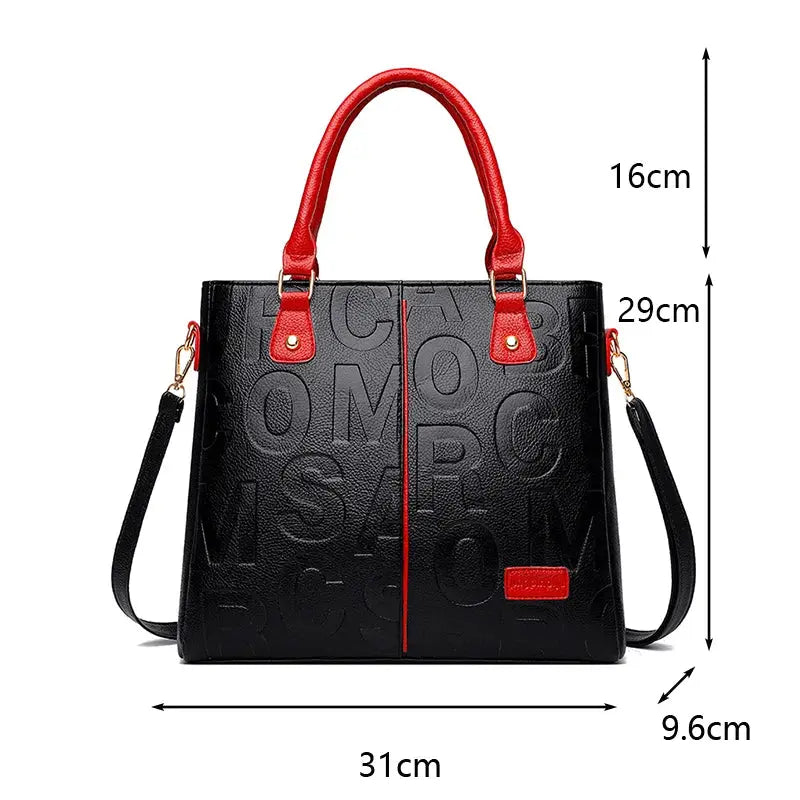 Simples Market PU leather crossbody bag, black with red top handles and accents