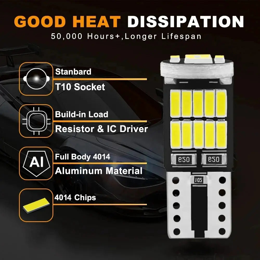 10 Piece W5W T10 LED Bulbs 4014 SMD 6000K Canbus Compatible For Car Interior Dome Reading License Plate Signal Lights