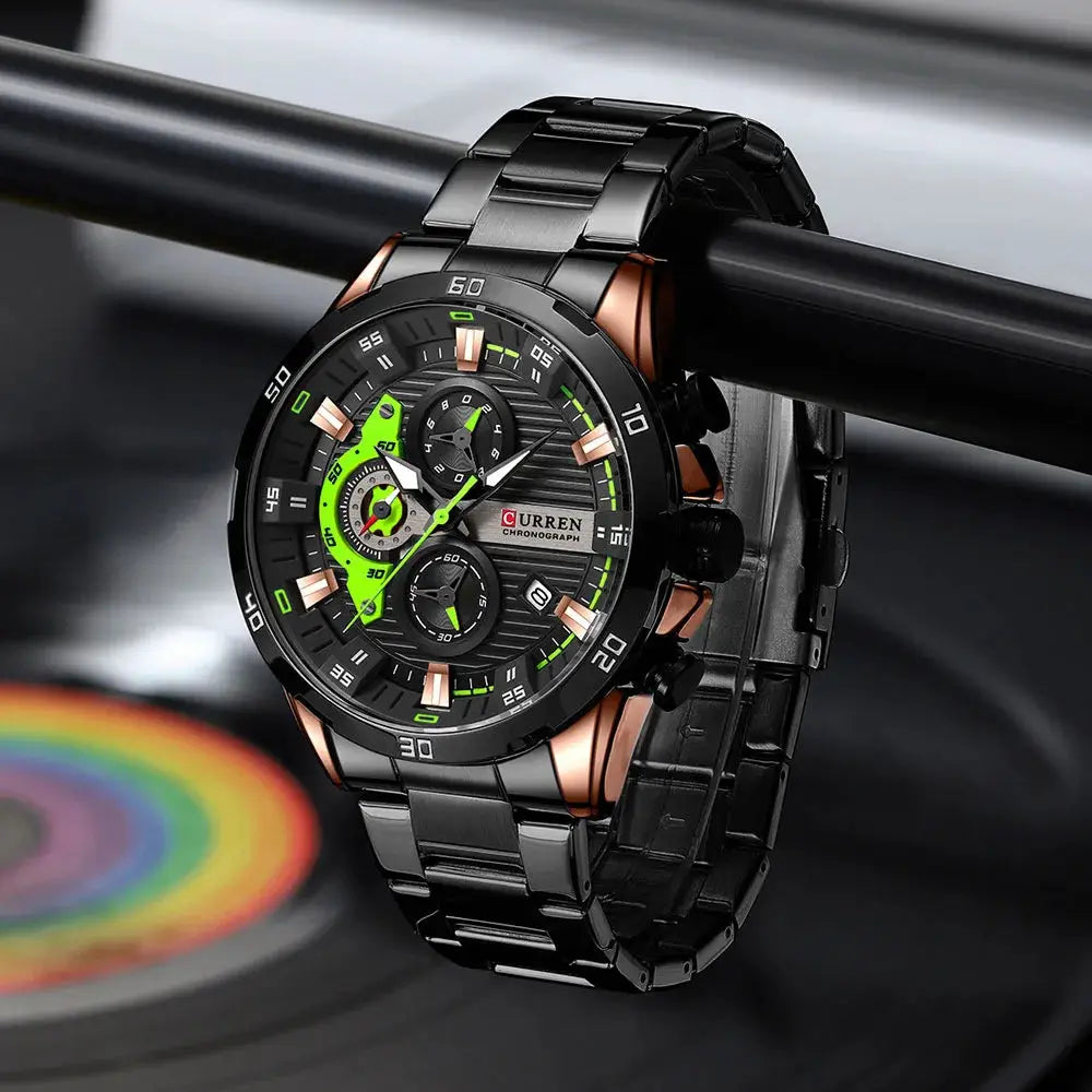 CURREN 8402 men's stainless steel chronograph watch with luminous green dial and black bracelet