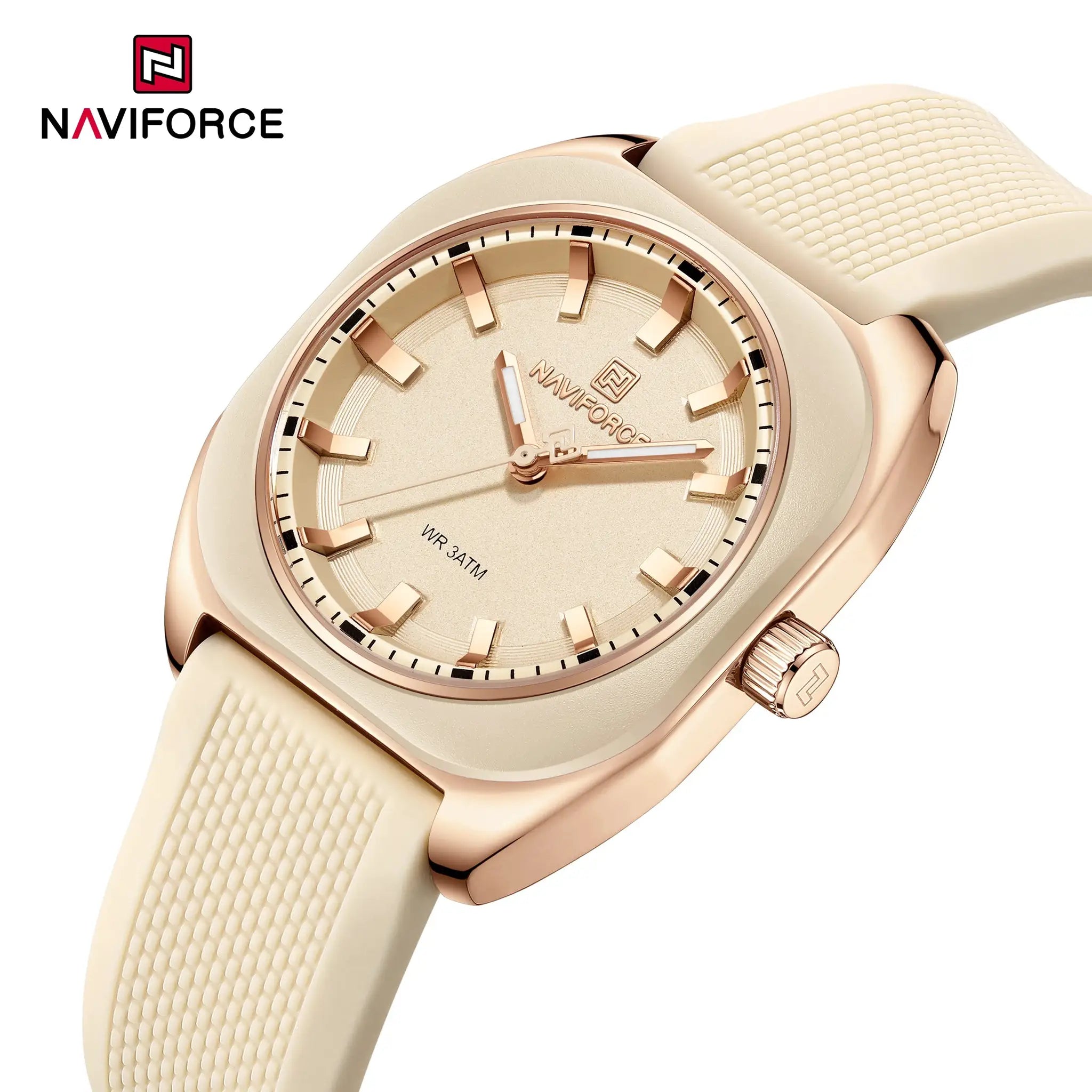 NAVIFORCE women's silicone watch with beige strap and rose-gold case, casual elegant design.