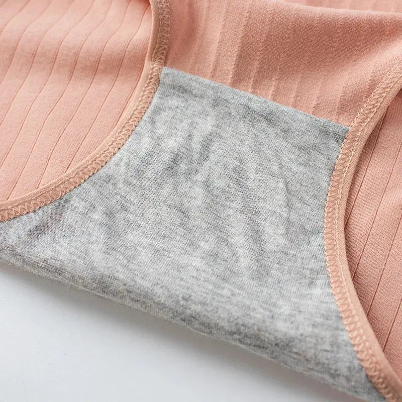 Panties cotton ribbed mid-rise briefs in pink with gray panel, breathable underwear