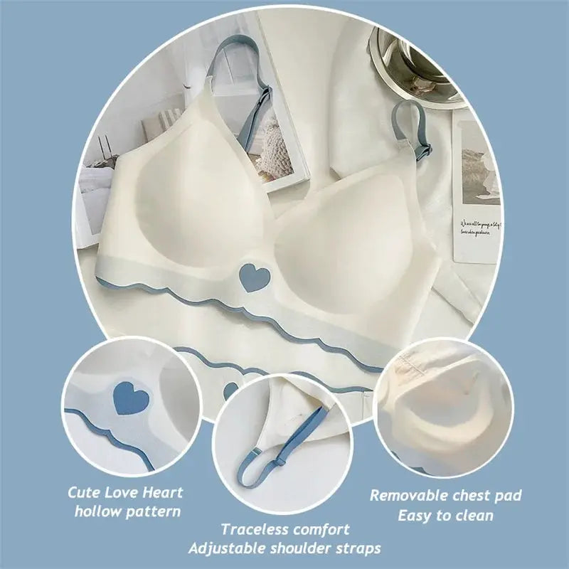 Women seamless bralette with adjustable straps in ivory/white featuring blue heart motif and wavy blue trim
