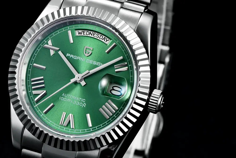 Pagani Design men's watch with green dial, automatic movement, day-date window, stainless steel case and bracelet.