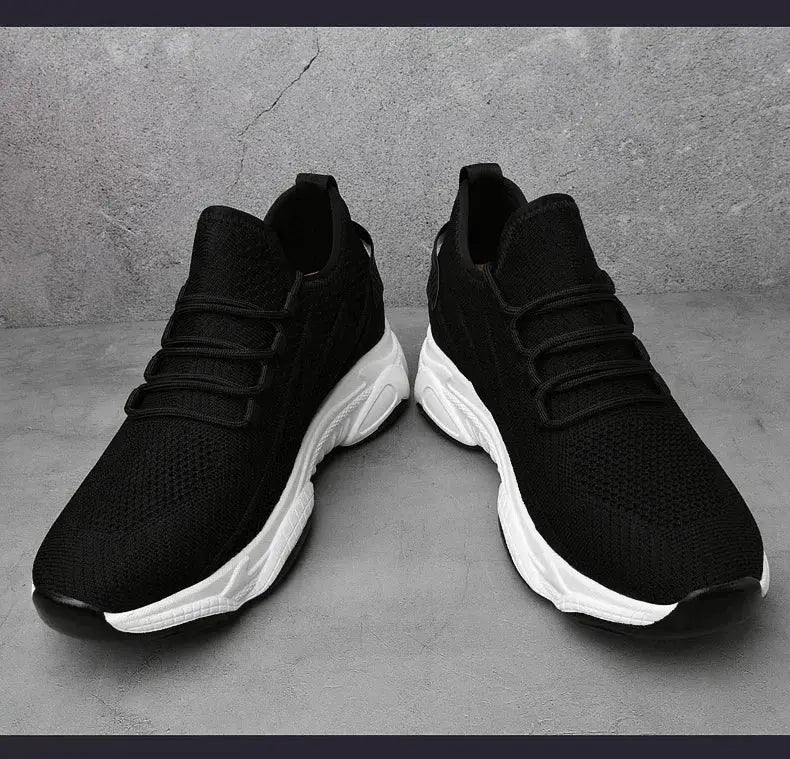Simples Market pair of men's height-increase sneakers, black breathable mesh, 8cm lift, white chunky sole.