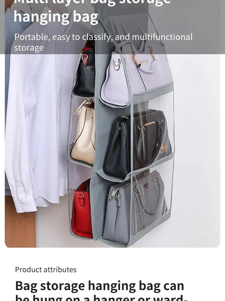 6-pocket hanging handbag organizer, gray waterproof with clear pockets, holds multiple bags