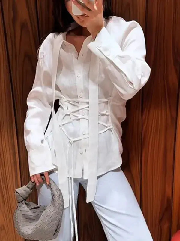 Wolfeel white 100% cotton belted shirt with waist ribbon ties, by Simples Market