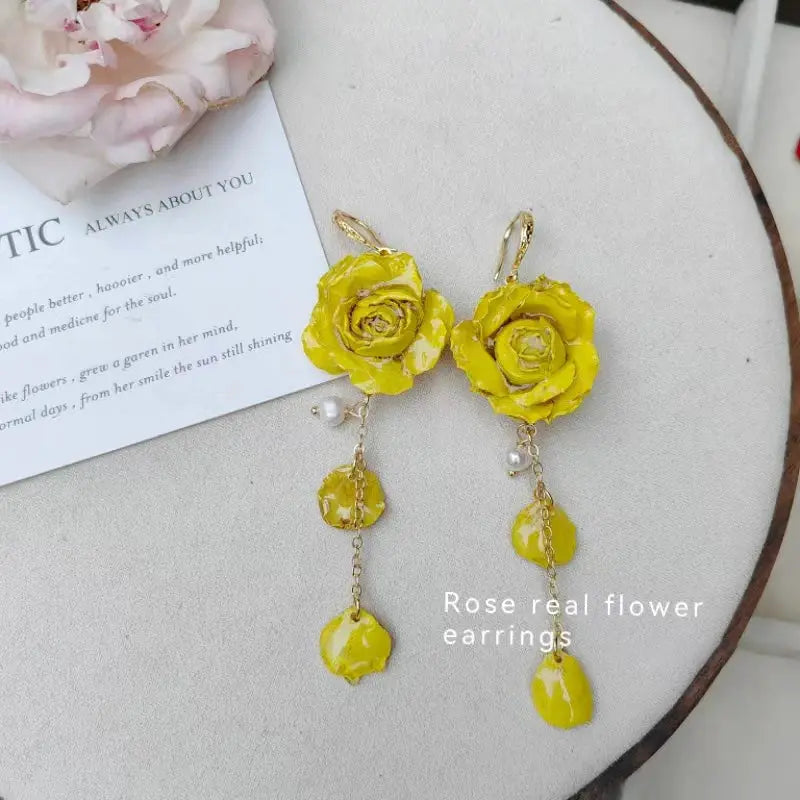 Yellow rose epoxy resin long earrings with dangling beads, pair