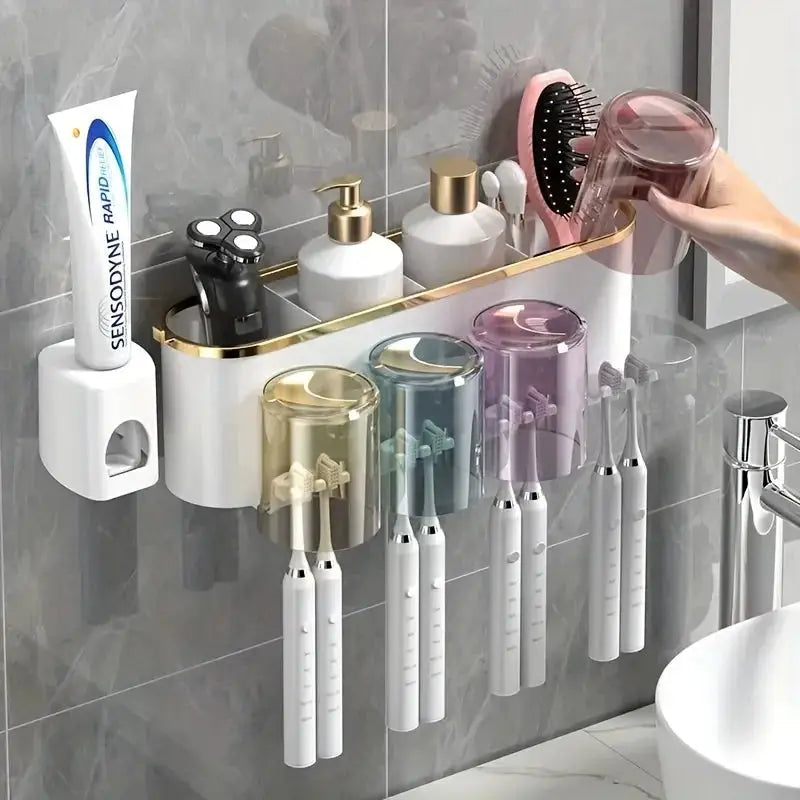BrightNest Toothbrush Holder With Squeezer And Mouthwash Cup Adhesive Mount Perforation Free Design For Home Organizing