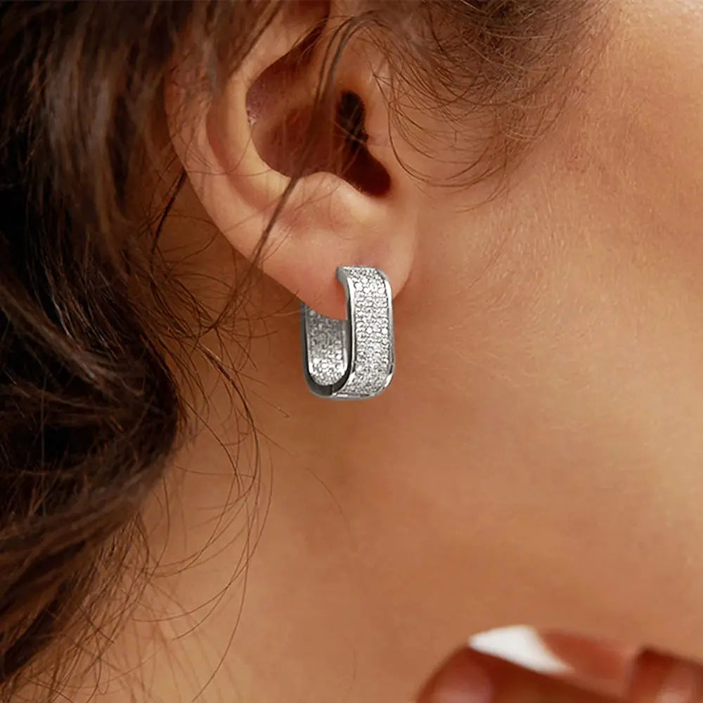 Huitan Korean Fashion Paved CZ Hoop Earrings for Women Silver or Gold Color Versatile Copper Alloy