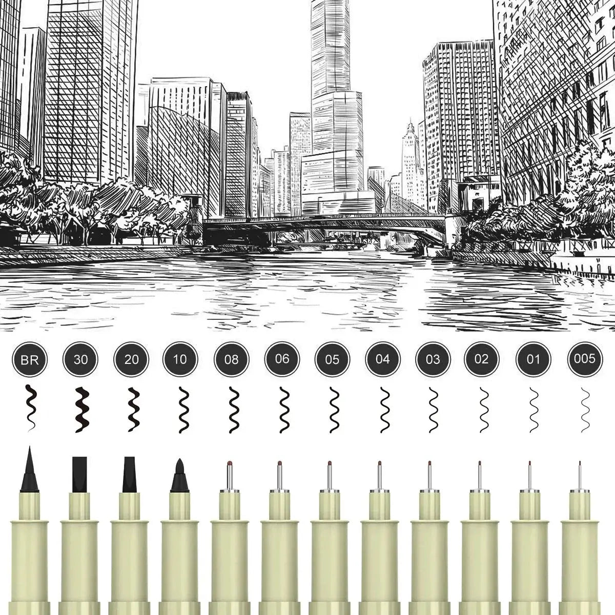 12-piece hook-needle fineliner sketch pen set with beige handles and assorted nib tips