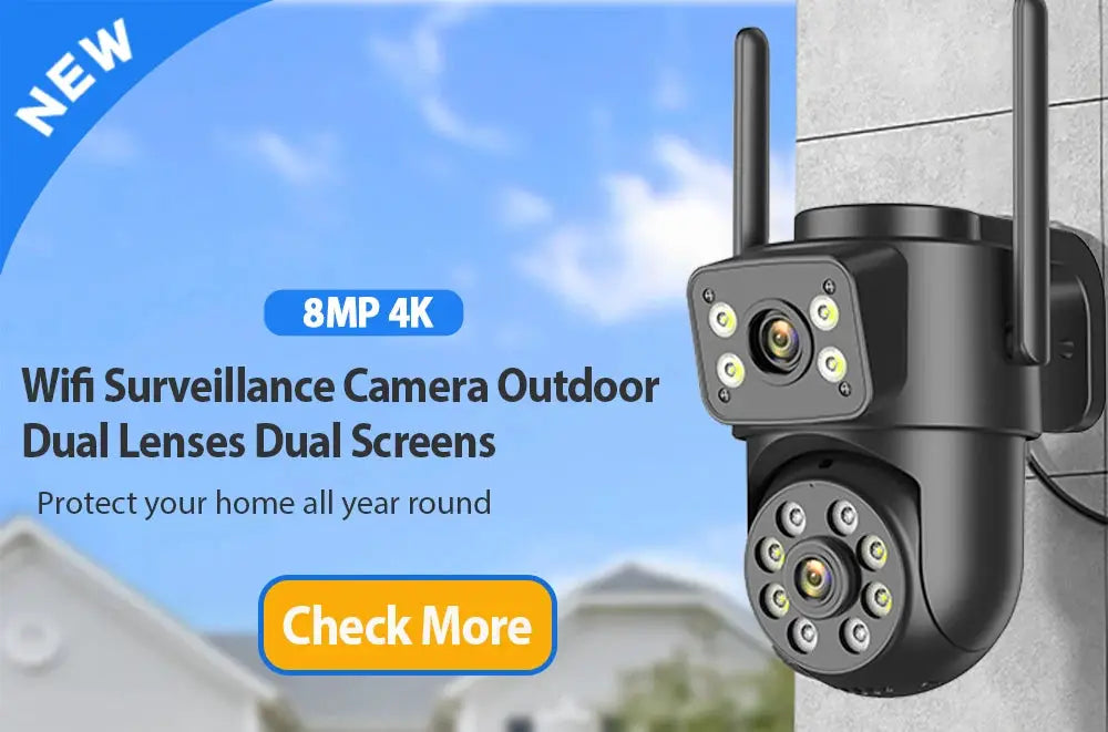 Outdoor WiFi surveillance camera with dual lenses, black finish and two antennas on a wall mount