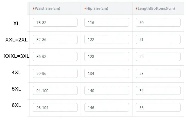 Mens 100% cotton shorts size chart by Simples Market showing waist, hip and length for XL–6XL.