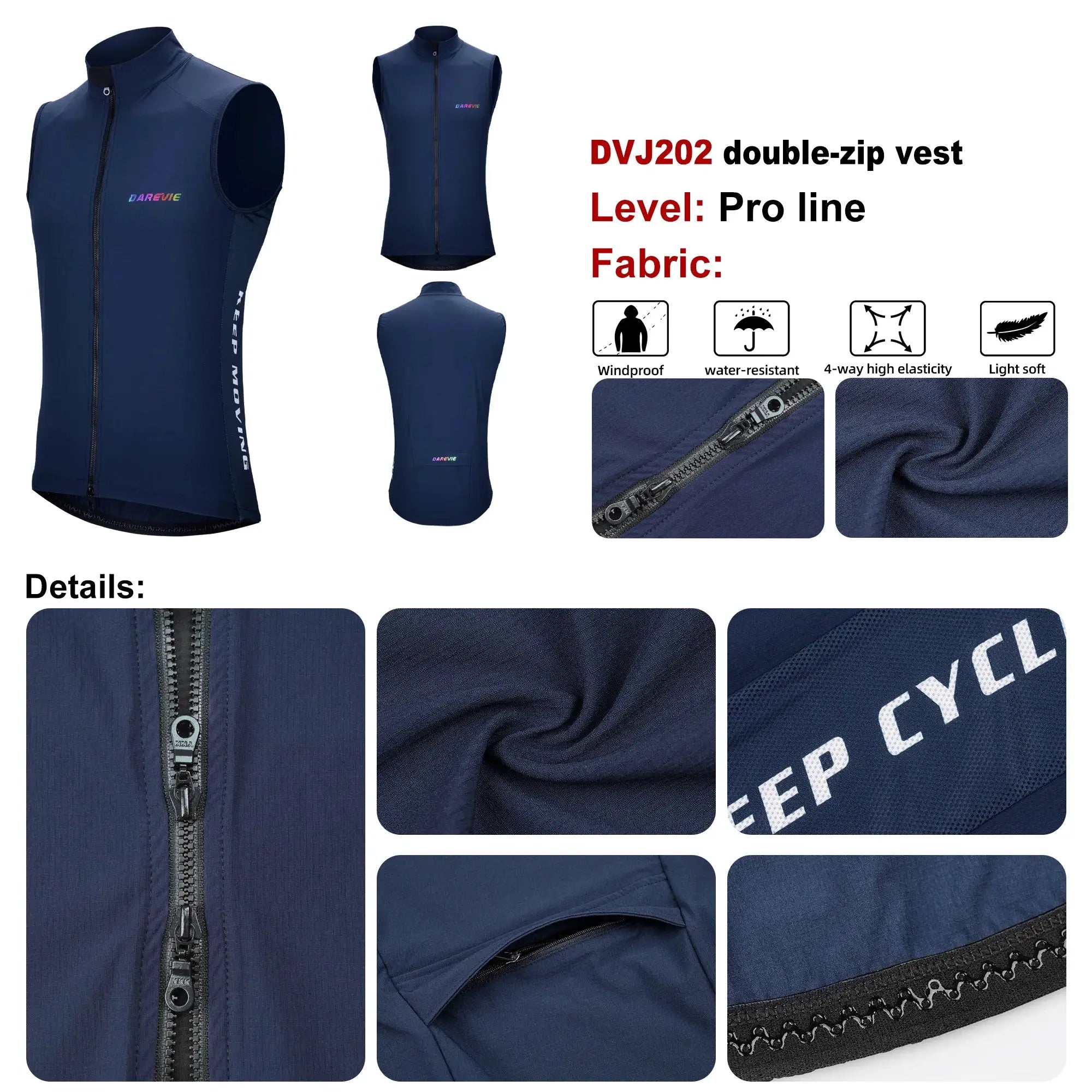 DVJ202 double-zip cycling vest by Simples Market in navy blue, windproof and water-resistant with back zipper pockets