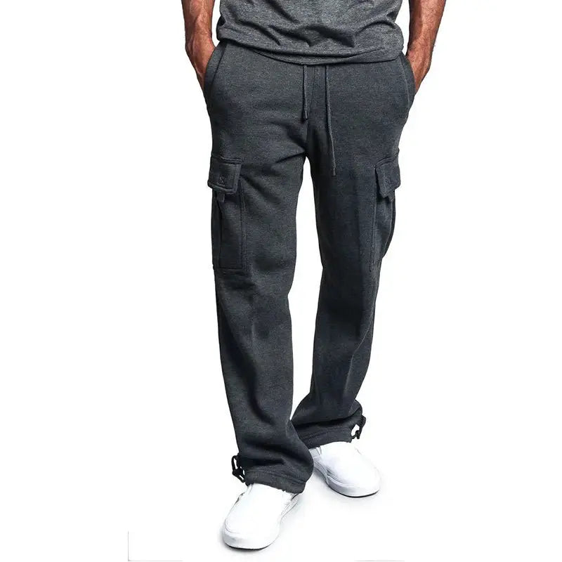 Men's cargo joggers by Simples Market in dark gray, straight fit with drawstring waist and multi-pocket design.