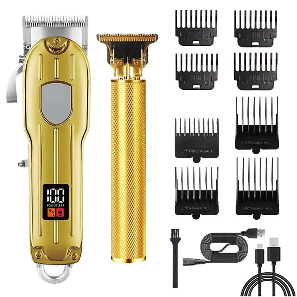 Professional gold hair clipper and trimmer set with multiple guard combs, USB charging cable and cleaning brush