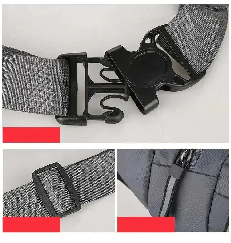 Men's canvas fanny pack with gray adjustable strap and secure black plastic buckle