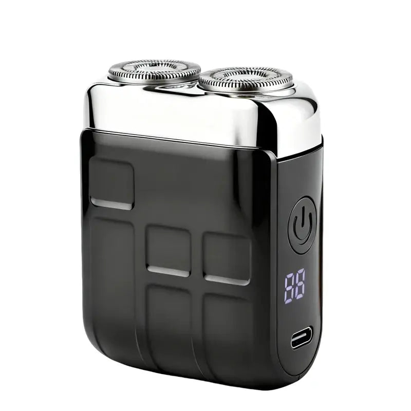 Electric shaver for men by Simples Market, mini portable dual-rotary razor with black body, chrome top and digital display