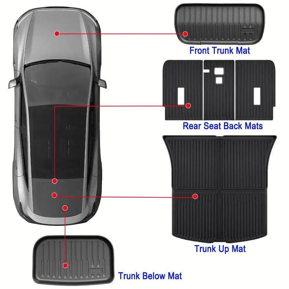 Simples Market 6-piece black trunk mat set for 2025–2026 Tesla Model Y; includes front trunk, rear seat back mats