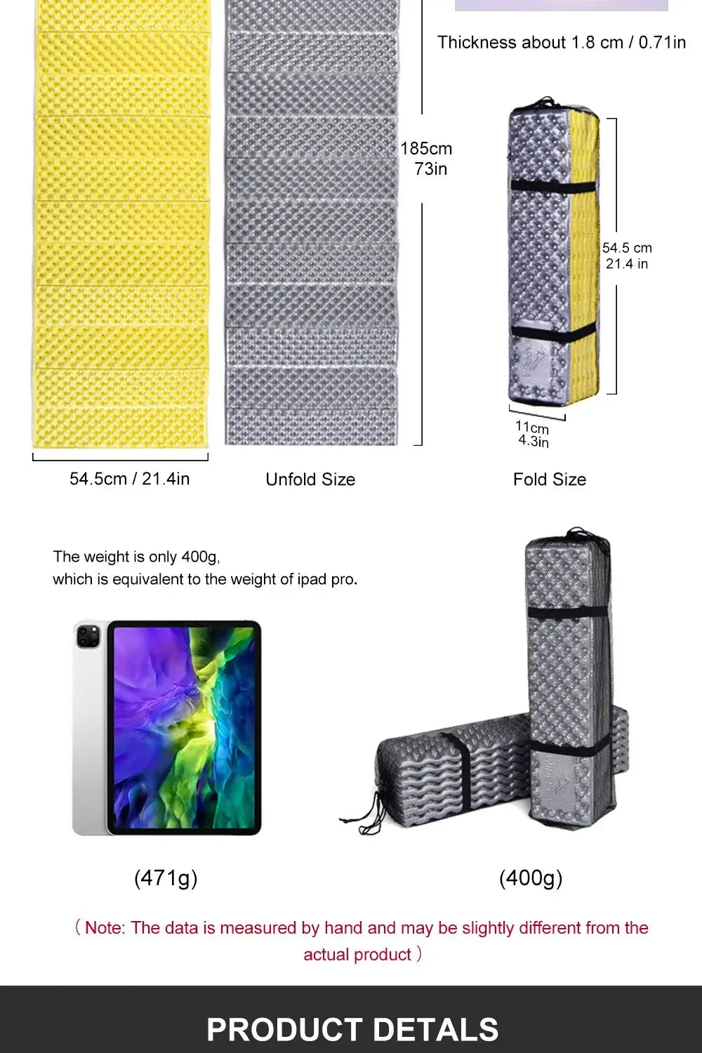 Simples Market Ultralight Folding Egg Nest Camping Pad; yellow and grey foam sleeping mats with storage bag, 185 cm long.