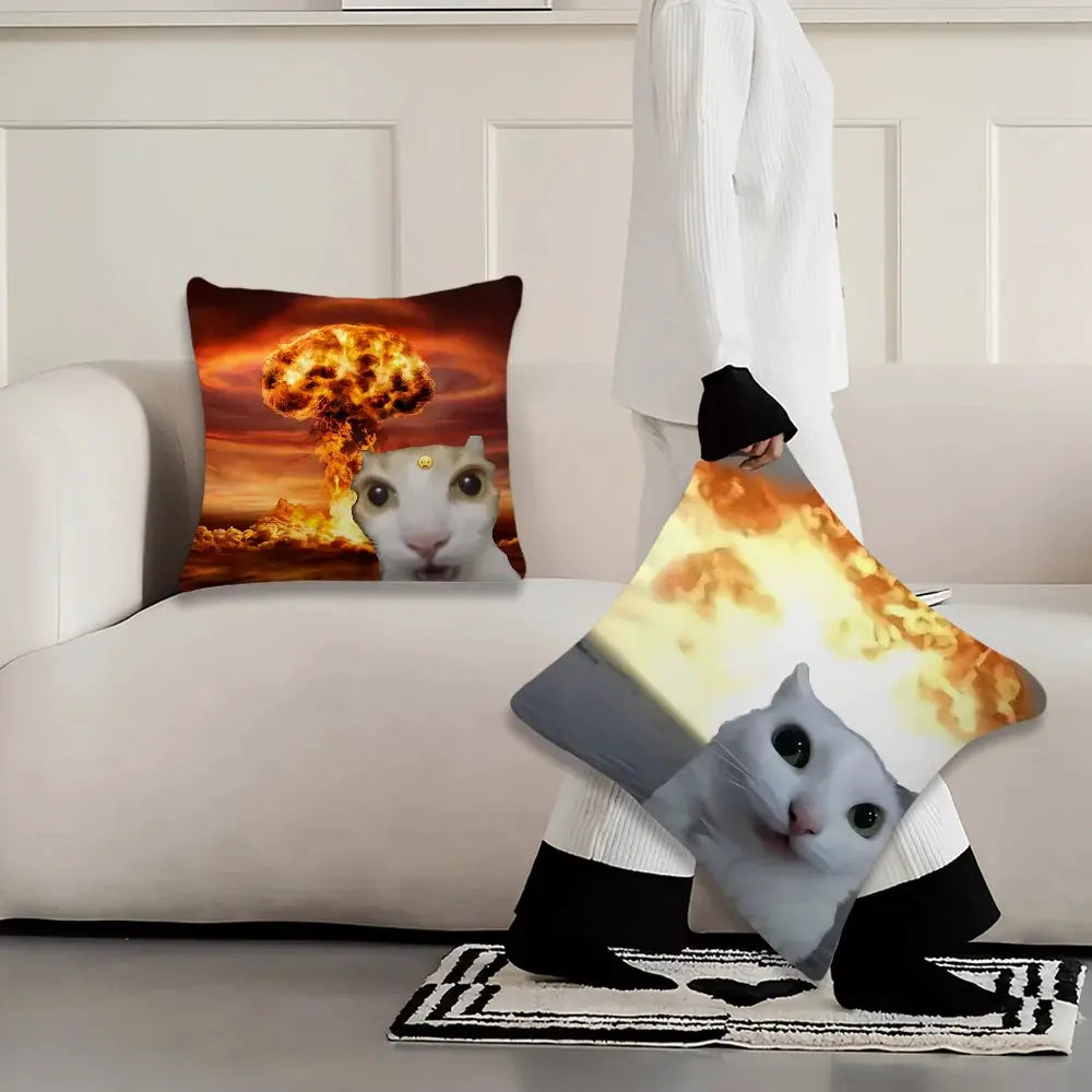 Simples Market cushion cover set, two soft cat-face pillow covers with fiery explosion background for living room decor.