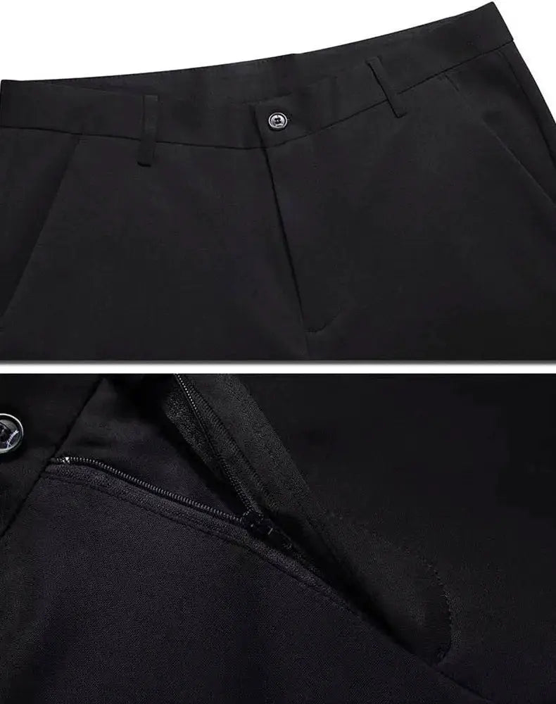 Men's black stretch smart-casual trousers with belt loops and front zip fly