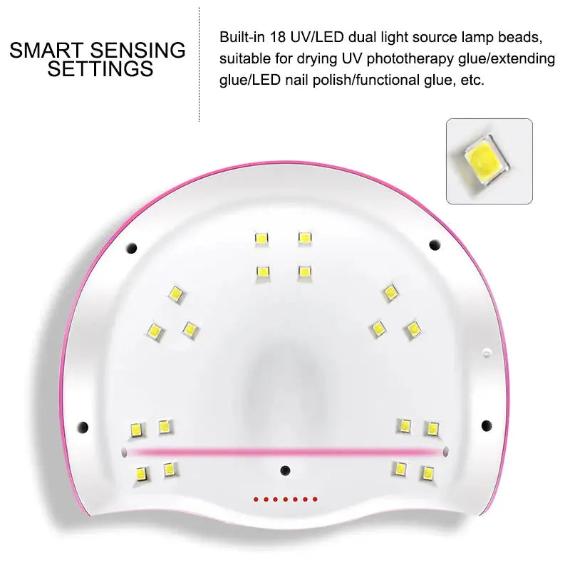 Gel nail lamp with pink rim and white curved body, LED beads for curing gels