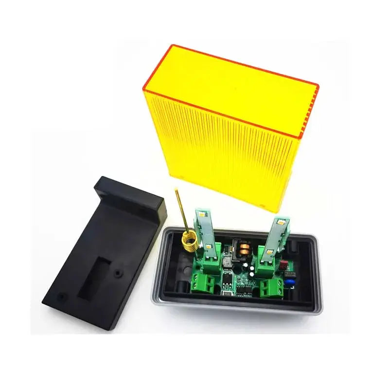 Security flashing light beacon for gate alarm, yellow housing with green terminals, 12V-265V AC/DC, Simples Market
