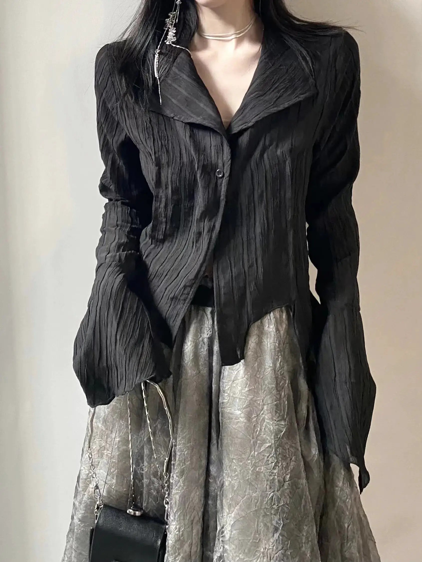Karrram Gothic black crinkled blouse for women with oversized lapels and button front