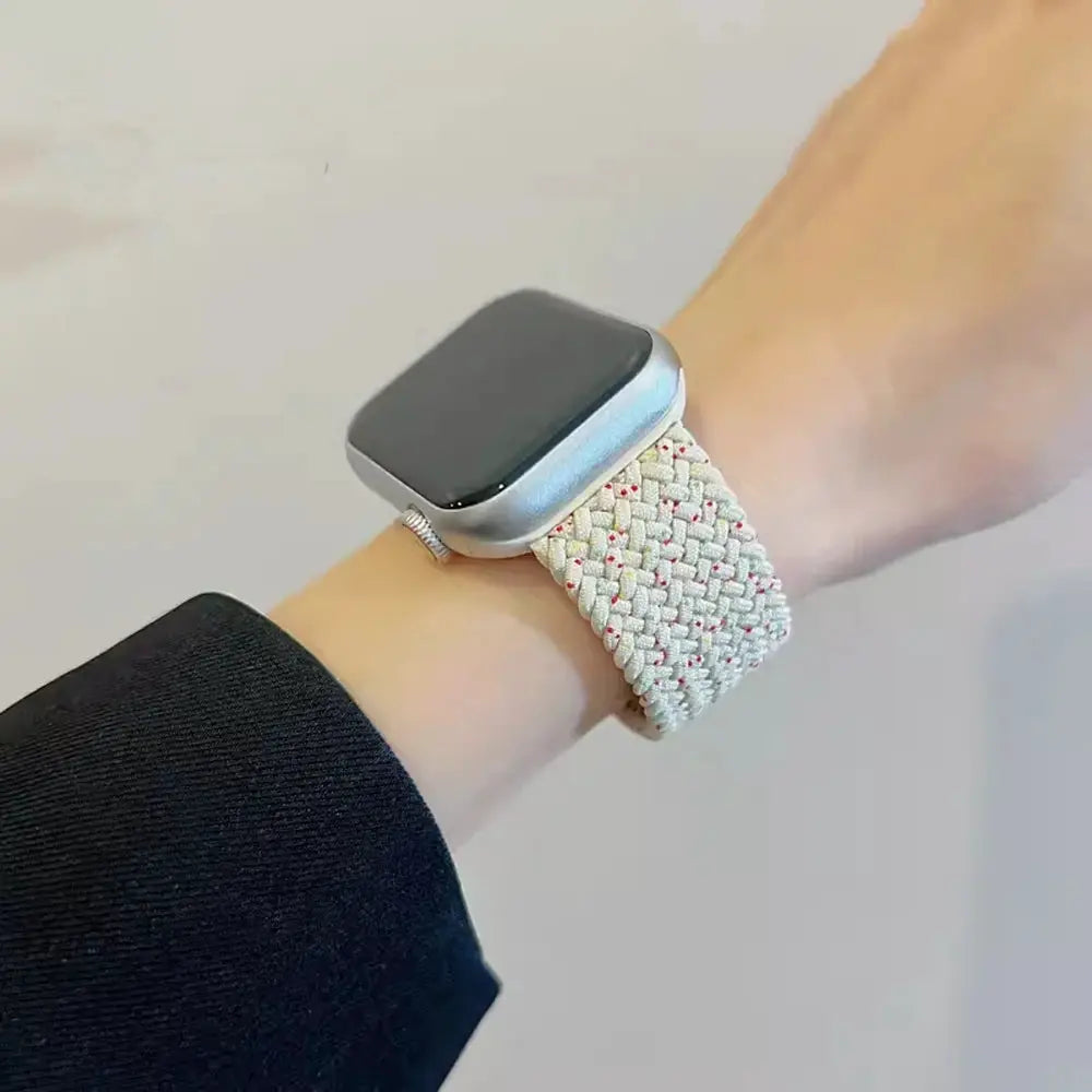 Braided Solo Loop Apple Watch band, white with small red specks, for 40–49mm sizes