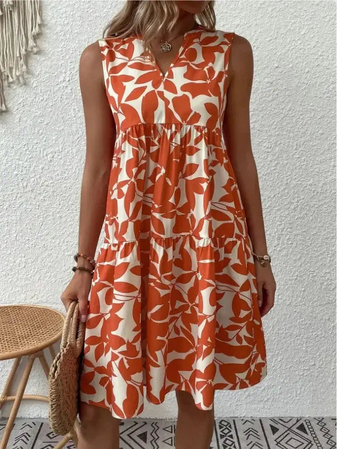 Women Boho Print Mini Dress Sleeveless V Neck Ruffle Beach Sundress
