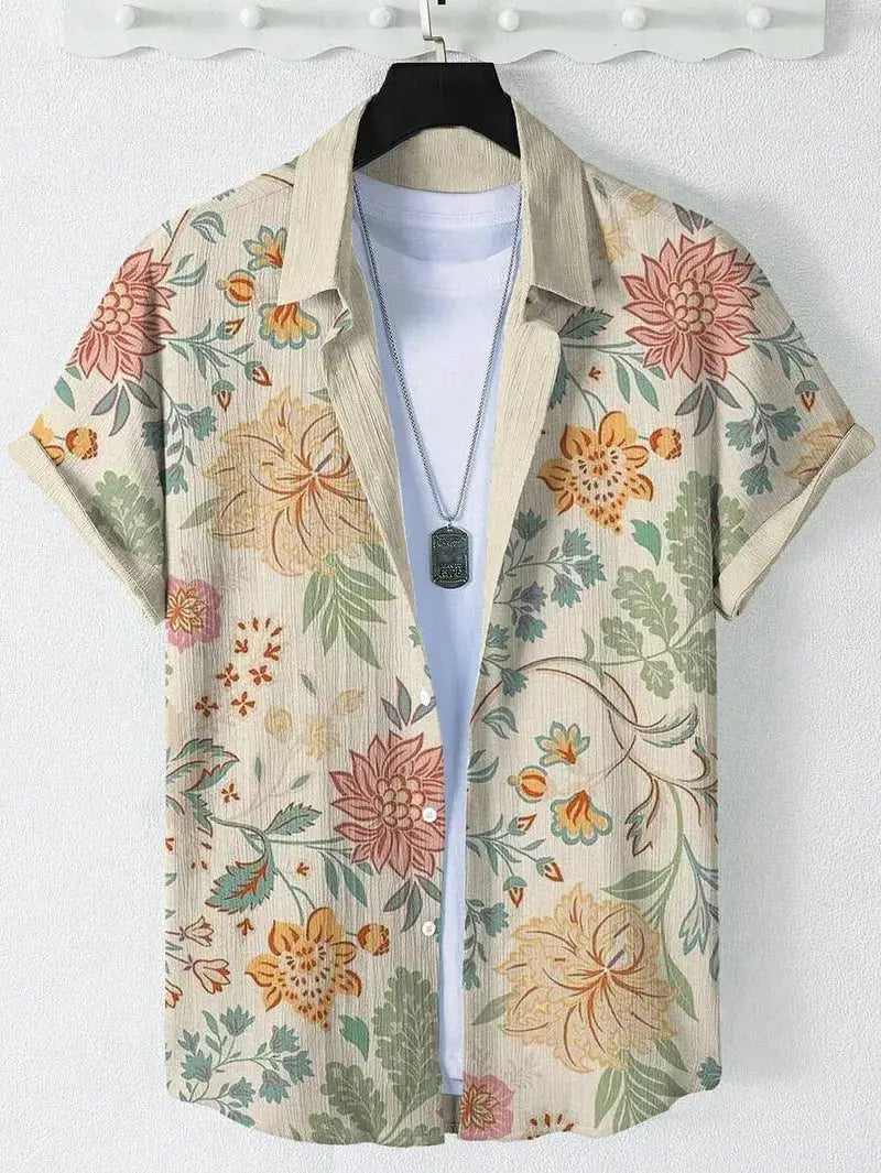 Men's Hawaiian shirt with beige pastel floral print, short-sleeve button-down style