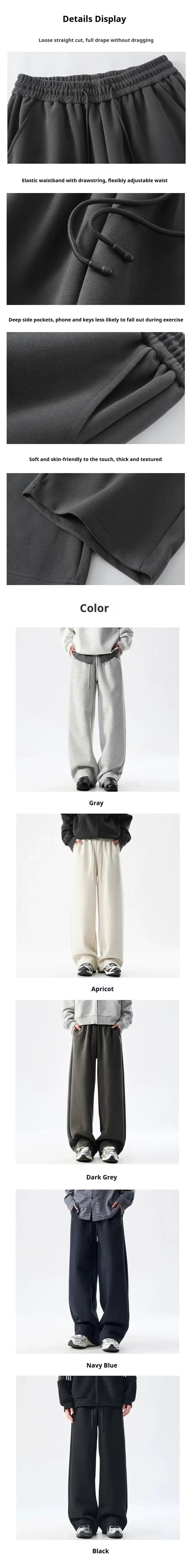 DUKEEN Men’s heavyweight 400g cotton-blend straight-leg sweatpants with drawstring waist, 5 color variants.