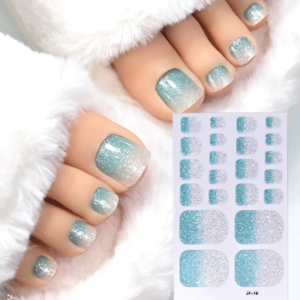 Simples Market toe nail sticker wraps; teal to silver glitter gradient, full-coverage, self-adhesive foot decals