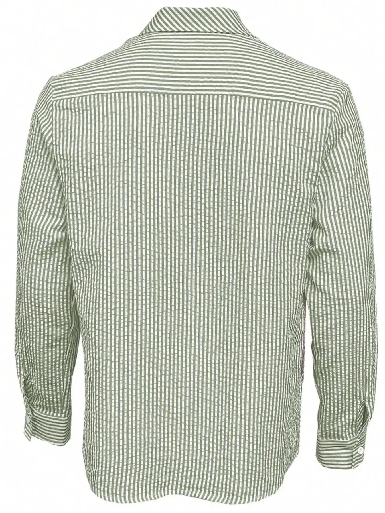 Men's striped long-sleeve shirt in green and white with a loose fit, back view.